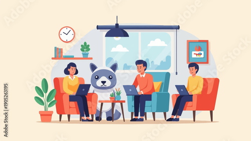 People working on laptops with a raccoon plushie in a cozy office