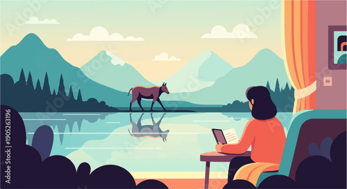 Person reading by window, overlooking lake and animal