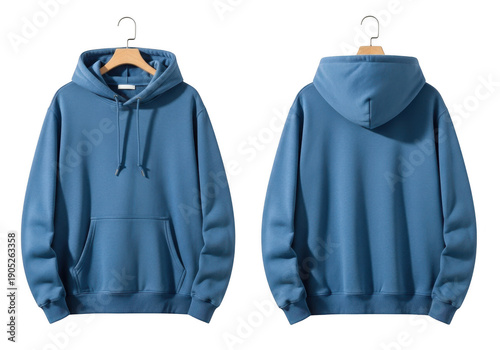 Blue hoodie front and back view hanging on hanger isolated on white background isolated on transparent background