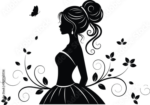 silhouette, woman, girl, lady, beauty, fashion, butterfly, nature, floral, elegant, vector, black, profile, hair, dress, 