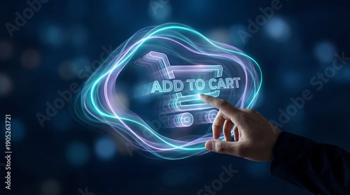 Hand adding product to shopping cart on futuristic interface
