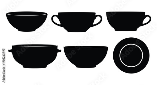 Silhouettes of various bowls and plates on a white background