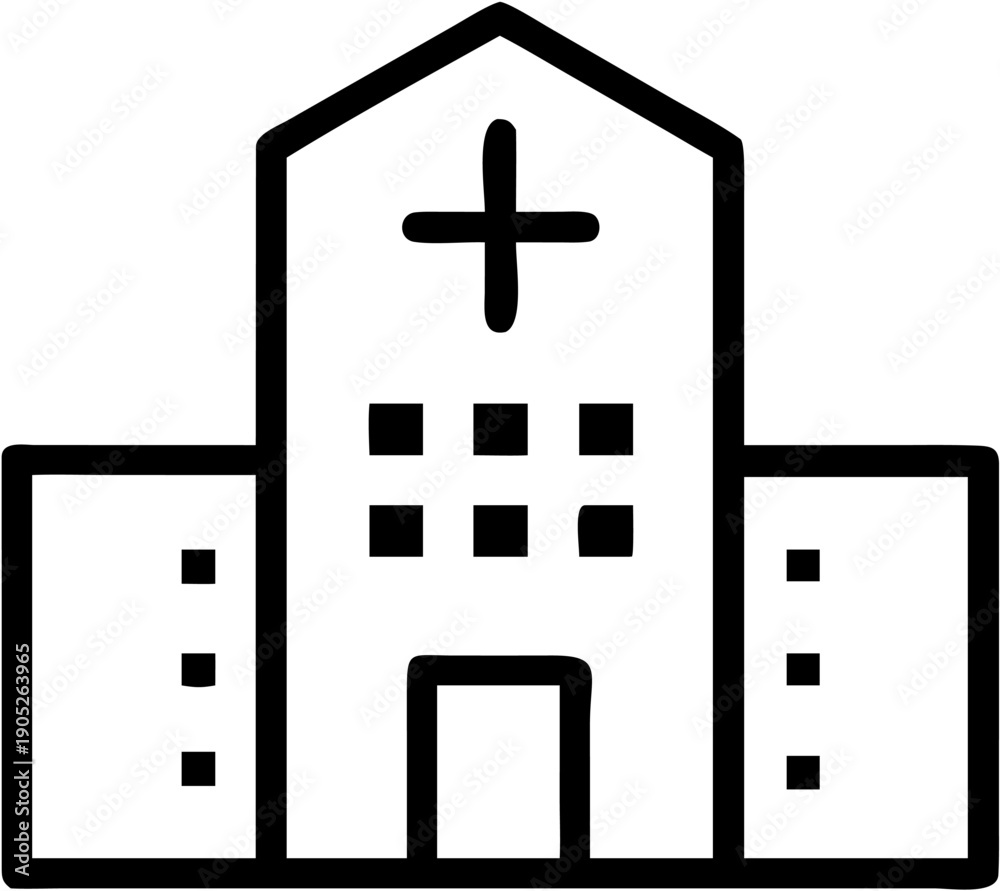 Obraz premium Minimalist outline graphic represents a medical clinic structure featuring symmetrical wings and a central entrance marked by a health cross.