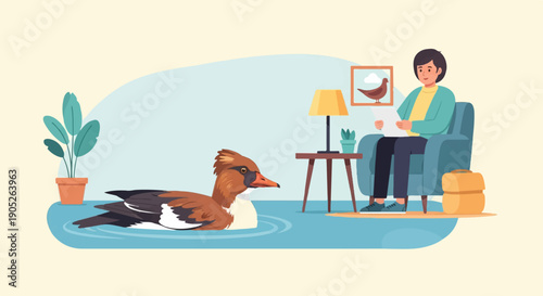 Person relaxing at home with a duck swimming indoors