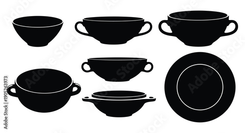 Tableware including bowls and plates in different designs and handles