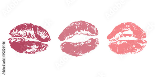 Set of lipstick kiss print Different shapes and colors imprint of lips Red pink female sexy lips makeup Design elements for beauty fashion poster Valentines Day wedding