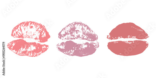 Set of lipstick kiss print Different shapes and colors imprint of lips Red pink female sexy lips makeup Design elements for beauty fashion poster Valentines Day wedding