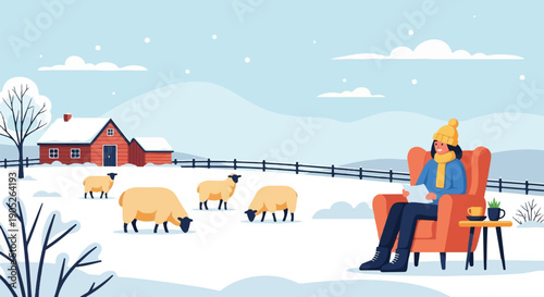 Person relaxing in armchair, snow, sheep, and farm house in winter