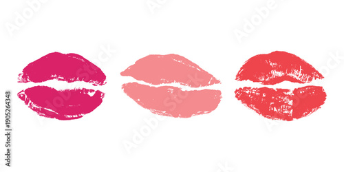 Set of lipstick kiss print Different shapes and colors imprint of lips Red pink female sexy lips makeup Design elements for beauty fashion poster Valentines Day wedding