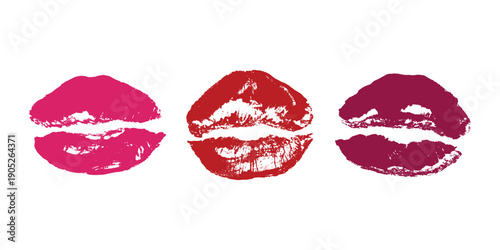 Set of lipstick kiss print Different shapes and colors imprint of lips Red pink female sexy lips makeup Design elements for beauty fashion poster Valentines Day wedding