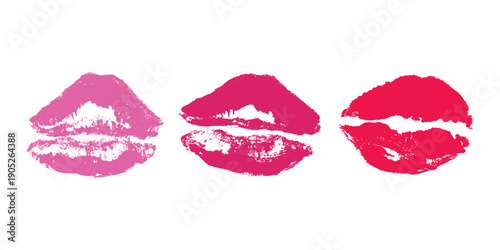 Set of lipstick kiss print Different shapes and colors imprint of lips Red pink female sexy lips makeup Design elements for beauty fashion poster Valentines Day wedding