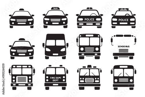 Emergency and public vehicle front view icons including fire department truck police car and school bus art
