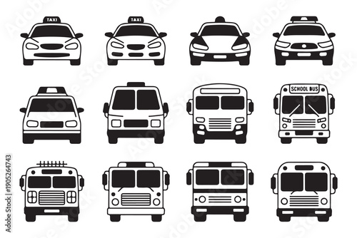 Front view school bus fire engine and taxi icons for city transportation systems and mobile app development