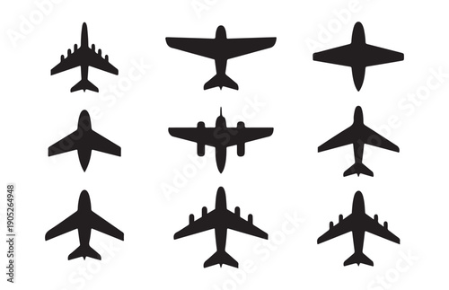 Vector aircraft silhouettes collection for airline logo and travel agency branding set of nine plane icons