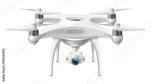 Tableau sur toile Professional white quadcopter drone hovering with camera for aerial photography,