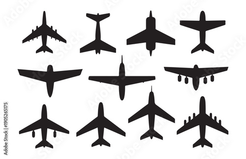 Diverse airplane silhouettes for infographics and aviation industry presentations featuring various jet types