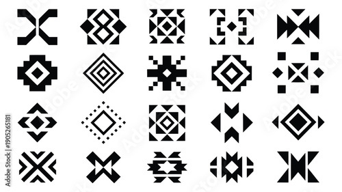 Aztec Navajo Geometric Shapes Vector Set with Tribal Southwestern Art Symbols, Abstract Ethnic Elements in Monochrome Style for Patterns, Branding, Posters, Packaging, and Textile Design