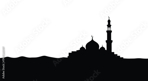Mosque Silhouette with Minaret and Dome against Desert Landscape