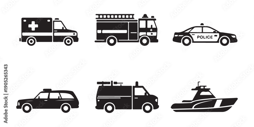 Obraz premium Bold emergency vehicle illustrations including ambulance ladder fire truck police car and maritime patrol boat