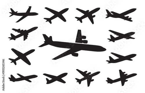 Diverse set of black silhouette airplane icons, showcasing various aircraft models and flight positions