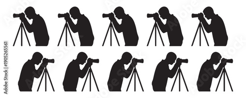 Ten identical silhouettes of male photographers with cameras on tripods, crouched and ready to shoot