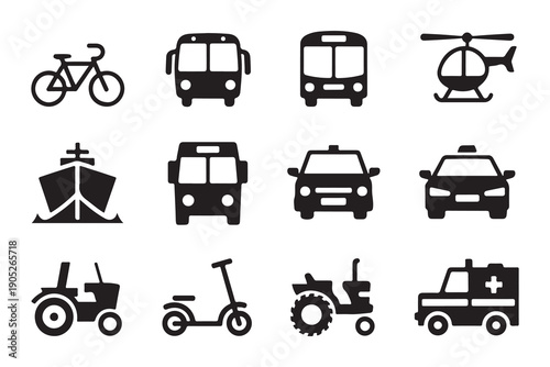 Comprehensive vehicle icon set with public transit agricultural machinery and emergency response silhouettes