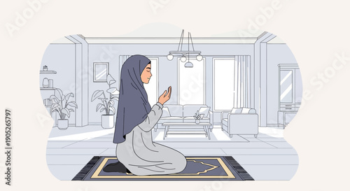 Woman in Hijab Praying on Rug in Modern Living Room