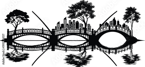 Modern city skyline silhouette with arched bridges and trees over water reflection, urban park landscape isolated on white background for architectural design.