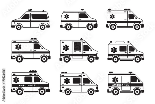 Ambulance outline icons set, medical emergency vehicles, line art style with white background