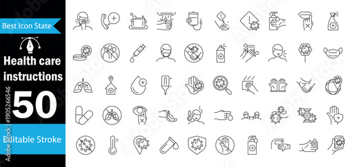 Health Care Instructions Line Icon Set – Medical Guide, First Aid, Doctor Advice and Patient Care Vector Icons