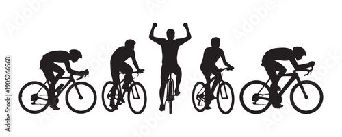 Cyclists black silhouettes set vector illustration isolated on a white background with a winning rider raising arms