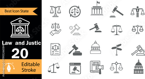 Law and Justice Line Icon Set – Legal System, Court, Judge, Scales, Gavel Vector Icons