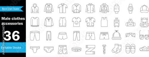 Male Clothes and Accessories Icon Set – Men Fashion Apparel, Shoes, Bag, Watch, Hat Vector Collection.