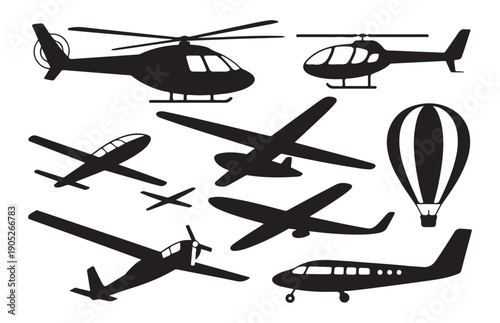Group of air vehicles like helicopters airplanes and hot air balloon in silhouette for transport graphic
