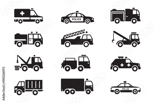 City public service vehicle silhouettes with police cars fire trucks and tow trucks for emergency management