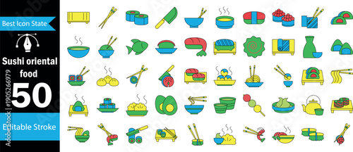 Sushi Oriental Food Set Icon Collection – Japanese Cuisine Line Style Vector, Asian Restaurant, Seafood and Traditional Menu Symbols.