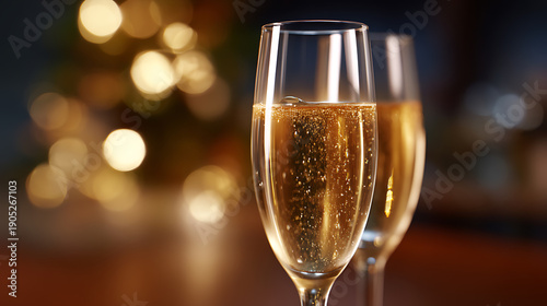 Two champagne flutes filled with bubbly wine, set against a blurred background of festive lights. The glasses are elegant, and the scene exudes an atmosphere of celebration and joy