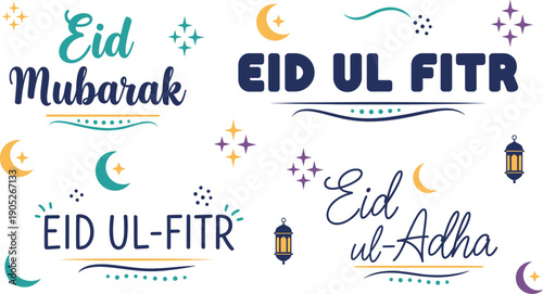 Eid Mubarak and Eid ul Fitr Typography Set, English Calligraphy with Lanterns and Crescent Moon for Islamic Holiday Greetings