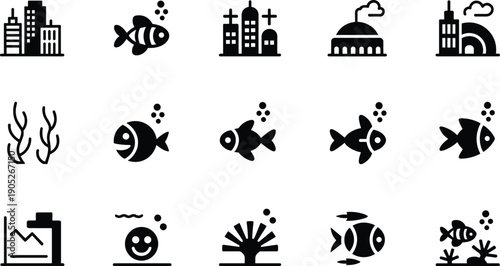 Black underwater city and fish icon set featuring marine life, buildings, factory, coral reef, smiley symbols, minimalist vector design collection