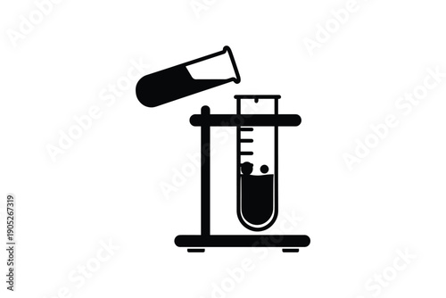 Science experiment pouring liquid between test tubes on stand laboratory equipment