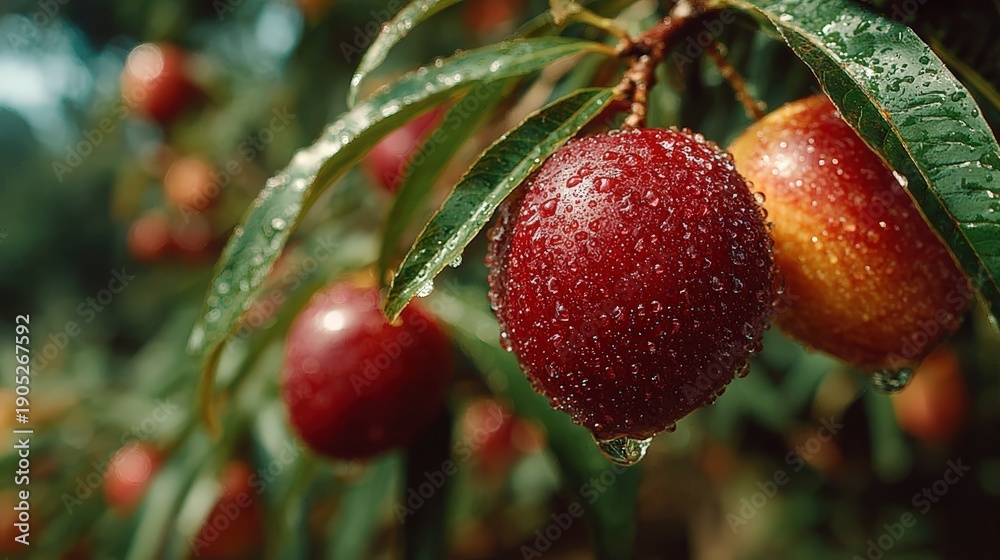 Obraz premium Close-up of ripe red and yellow peaches hanging on a tree with water droplets on the skin and green leaves in a natural orchard
