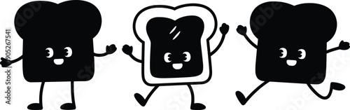 Cute bread characters illustration, smiling toast cartoon mascots dancing and waving hands, kawaii food icons isolated on white background
