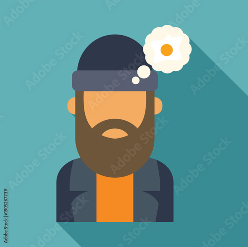 Bearded man wearing a beanie thinking about food in flat design style