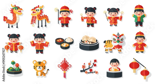 Chinese New Year Celebration Icons: Dragon, Kids, Food, Lanterns, Tiger