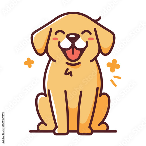 A yellow dog sits happily with its mouth open, showing joy and excitement while looking straight ahead.