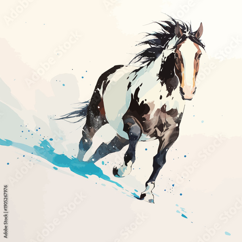 A horse runs fast through shallow water, creating splashes. The scene shows movement and energy in the open space.