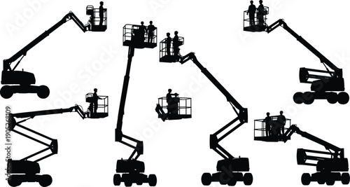 Boom lift silhouette set, aerial work platform, construction equipment, elevated access tools, vector sketch, flat cad drawing, industrial maintenance illustration