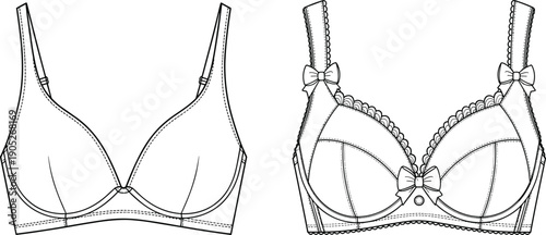 CAD drawing flat vector illustration of bra design, front and back view, fashion sketch, lingerie pattern, garment construction reference