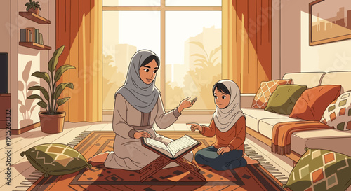 Mother and Daughter in Hijab Reading Quran Together in Cozy Living Room