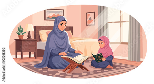 Mother and Daughter Reading Quran Together in a Cozy Bedroom